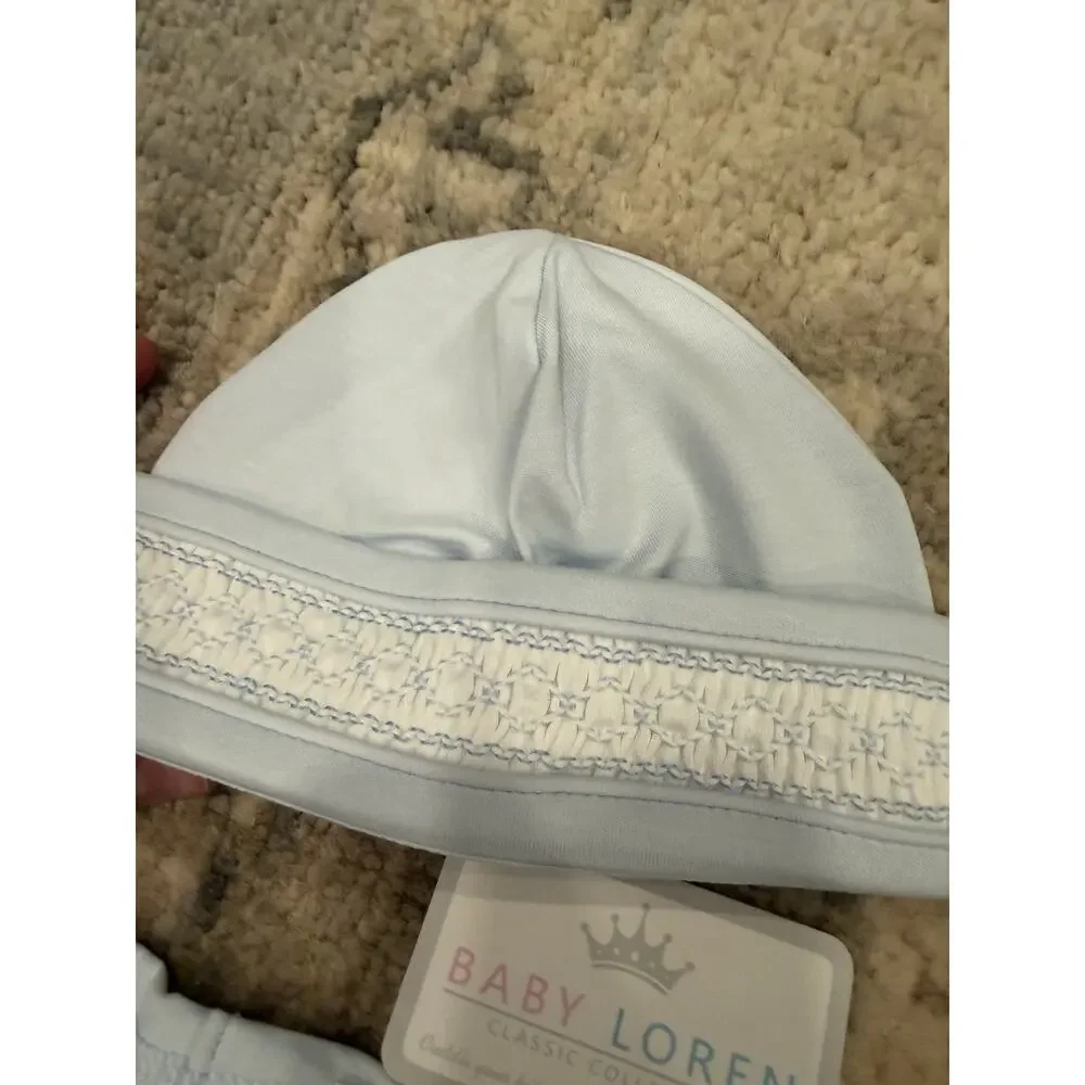 Baby Loren Blue Pima Cotton Smocked Footie & Hat Set 0-3 Months NWT